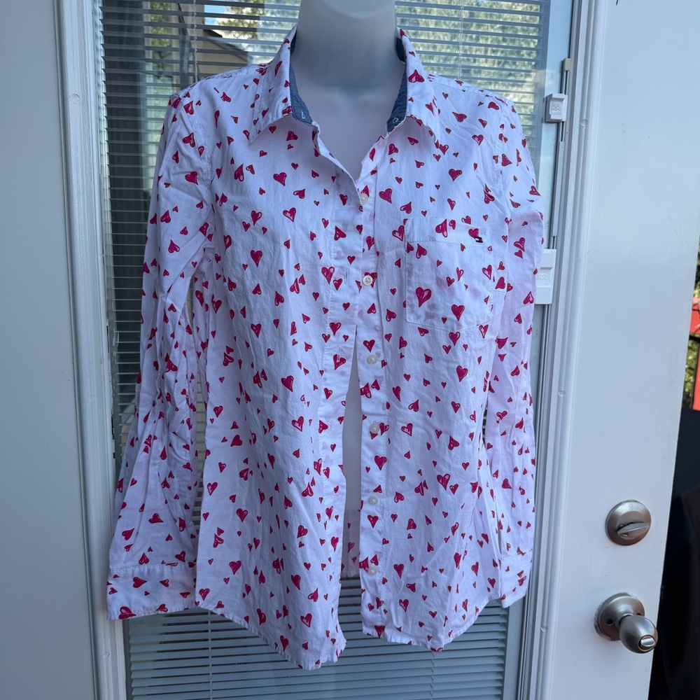 White and Red Heart Print women's Shirt